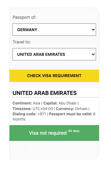 Checker widget showing that a German passport holder needs no visa for 90 days in the United Arab Emirates.