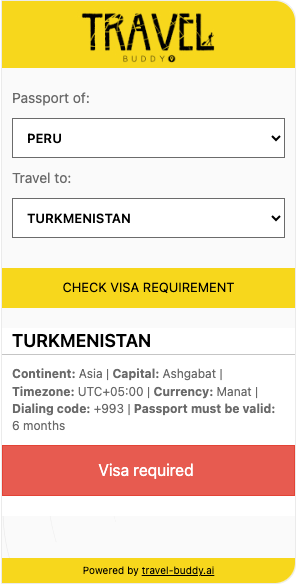 Checker widget with a logo header, showing that a Peruvian passport holder needs a visa for Turkmenistan.
