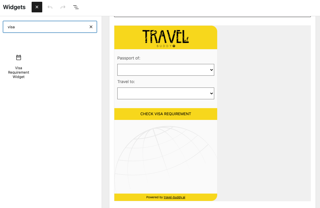 WordPress widgets screen with the Visa Requirement Widget added to a widget area.