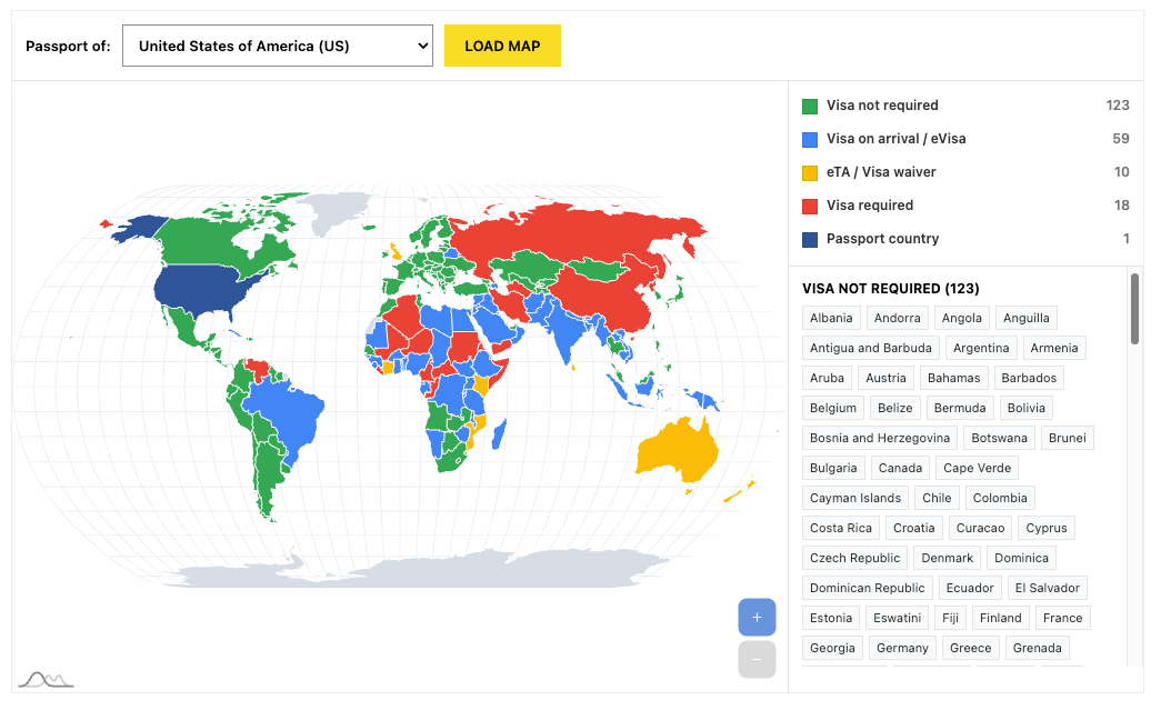 World map colored green, blue, yellow and red for a United States passport, beside a legend with counts and a list of visa-free countries.