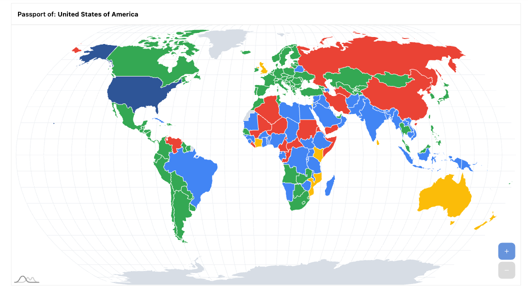 Full-width world map colored by visa rule under the heading "Passport of: United States of America".