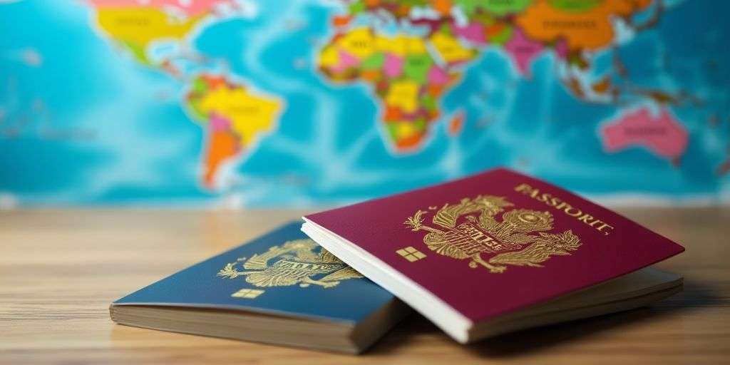 Two passports on a wooden table with a world map.
