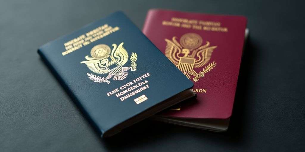 Two passports representing dual citizenship on a surface.