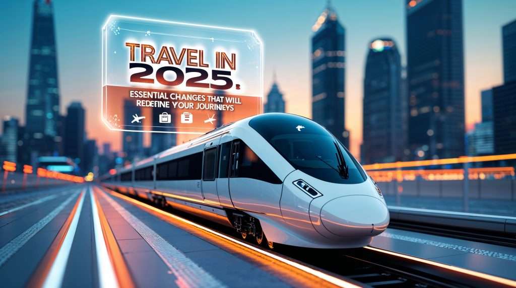 white aerodynamic train zooming past a blurred cityscape background with neon lights and towering skyscrapers