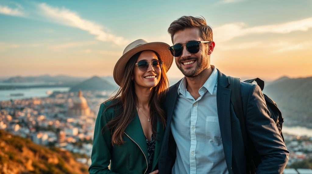 A traveller couple of male and female front of small touristic city