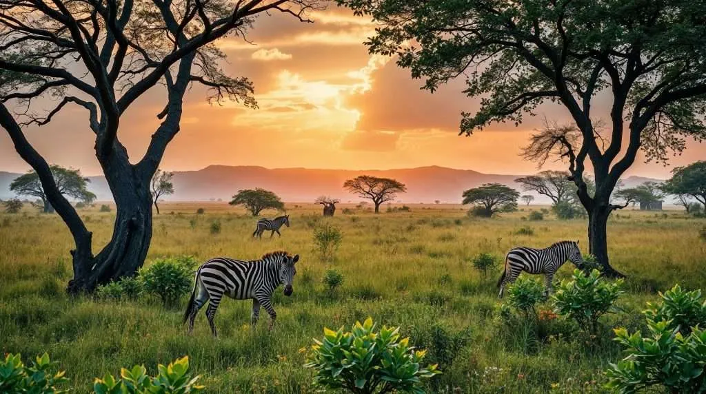 A scenic African savanna landscape at sunrise with zebras grazing among lush green grass and scattered acacia trees. The golden sky and distant mountains enhance the natural beauty, capturing the essence of a serene wildlife habitat.
