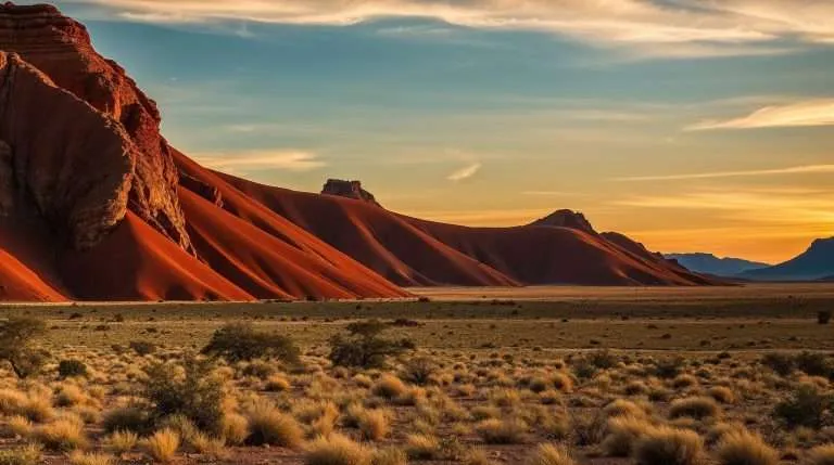 Sweeping view of Namibia's desert landscape at sunset, featuring dramatic red sand dunes, rugged rocky formations, and golden grasses scattered across a flat, arid plain beneath a pastel sky.