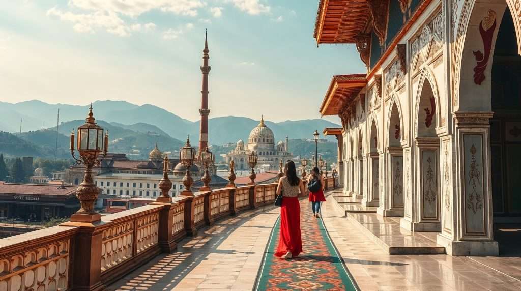 A woman in a flowing red dress walks along an ornate palace corridor with intricate arches and golden lanterns. In the background, a grand domed building stands against a backdrop of lush mountains under a clear sky.