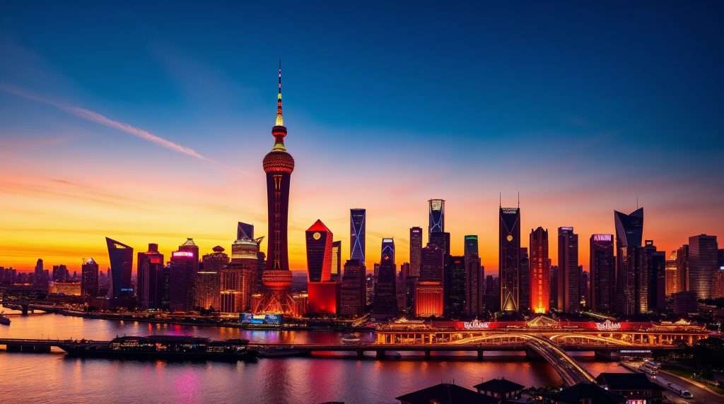 The Shanghai skyline at sunset, with the Oriental Pearl Tower and modern skyscrapers lit up against a vibrant orange-to-blue sky, reflected in the Huangpu River.
