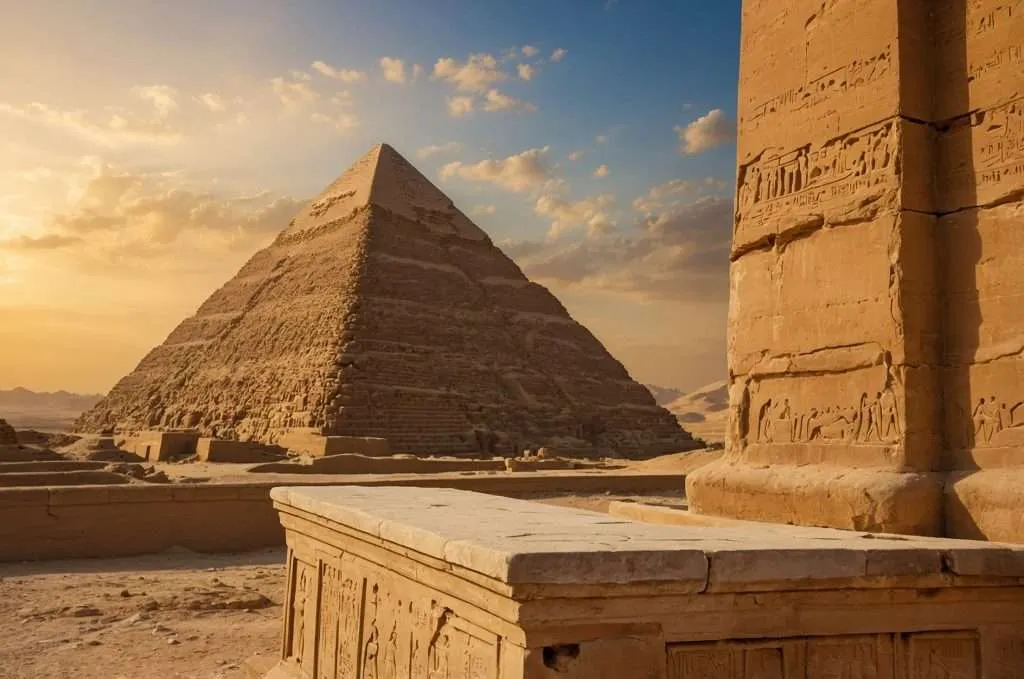 Ancient Egyptian pyramid at sunset with nearby sandstone columns carved in hieroglyphs
