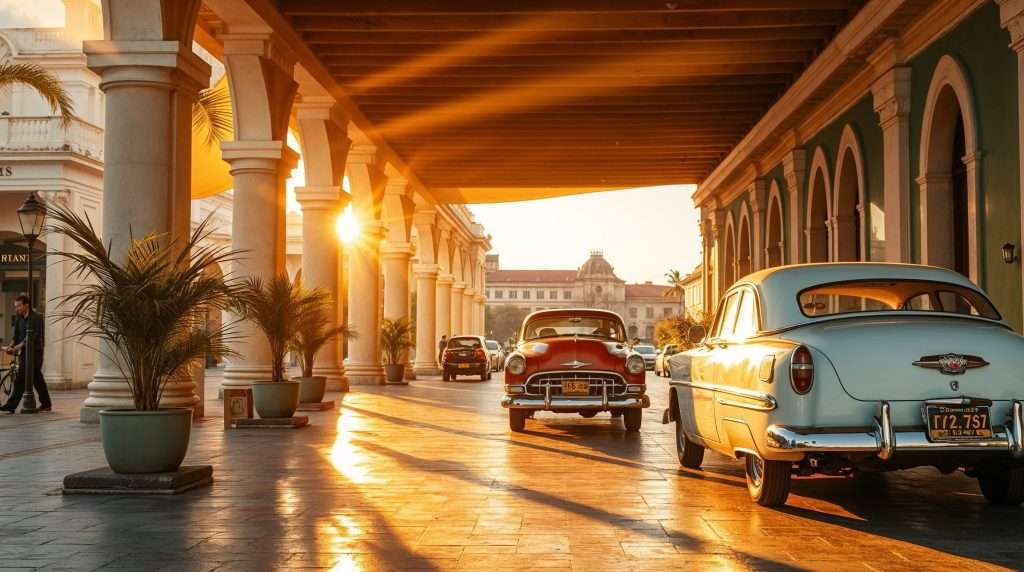 A golden sunset lights up a street in Havana, Cuba, where vintage cars and colonial-style columns create a nostalgic, timeless scene.