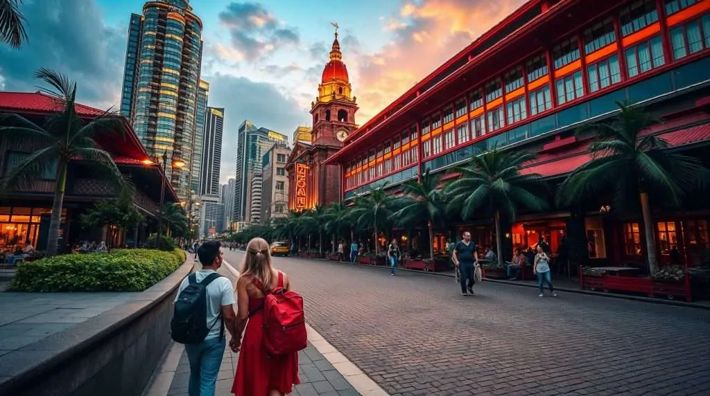 A couple walks hand-in-hand through a vibrant street in Malaysia, lined with palm trees, colonial-era red buildings, and modern skyscrapers under a colorful sunset sky.