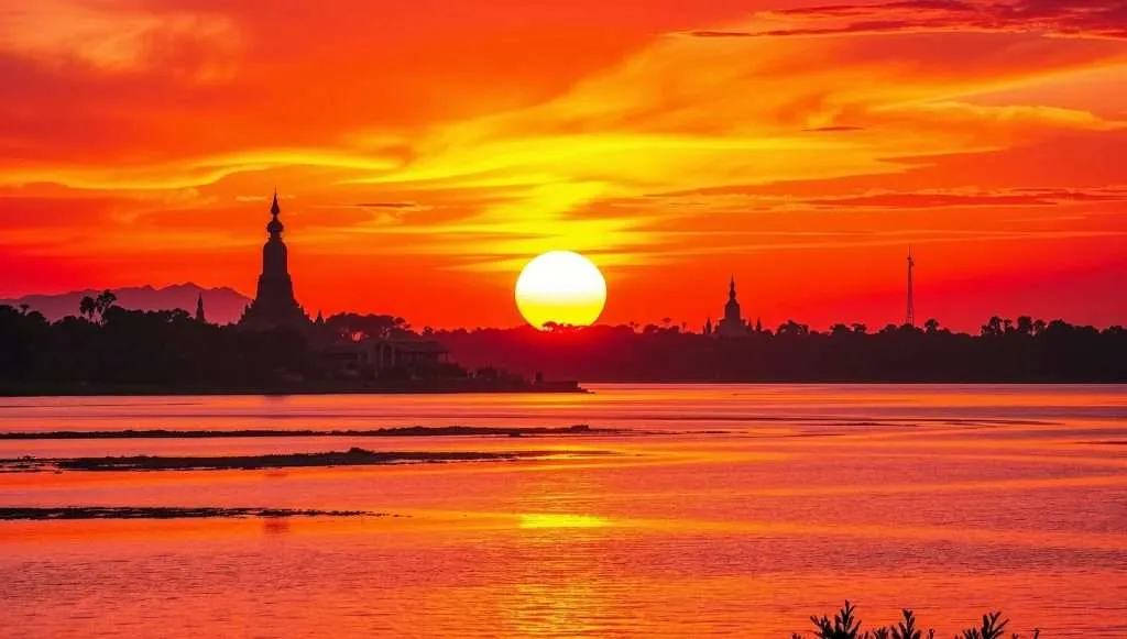 A blazing orange and red sunset over a calm river in Myanmar, with dark temple silhouettes and distant mountains framing the glowing sun on the horizon.