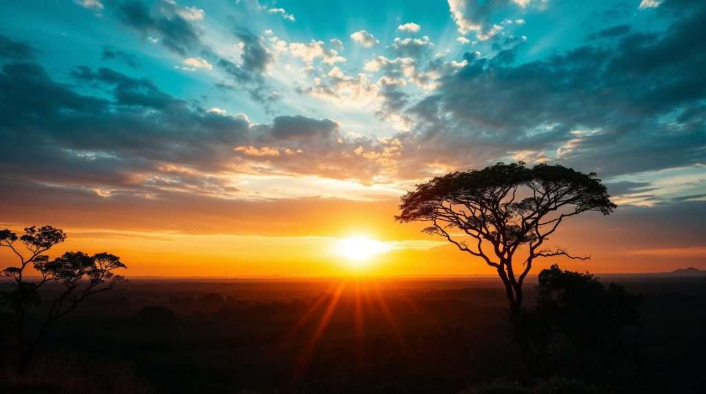 A radiant sunrise over the Nigerian landscape, with silhouetted trees against a glowing sky of deep orange and turquoise hues.