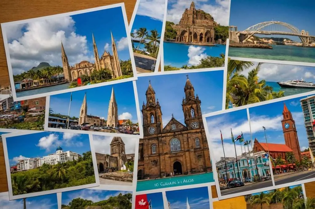 A collection of colorful postcards featuring famous landmarks from 10 countries, including cathedrals, tropical coastlines, bridges, and cityscapes arranged on a wooden surface.