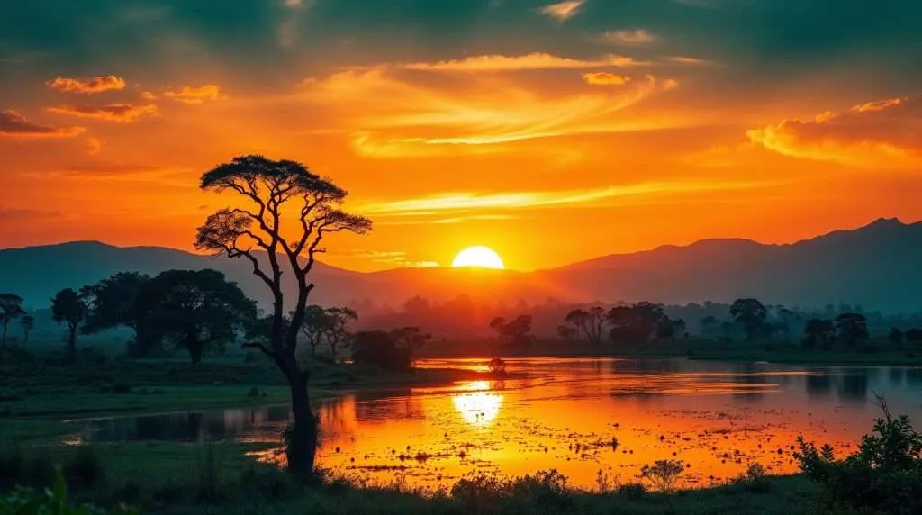 A vibrant sunset over a wetland in Tanzania, with silhouetted acacia trees, reflective orange water, and distant mountain ranges under a glowing sky.