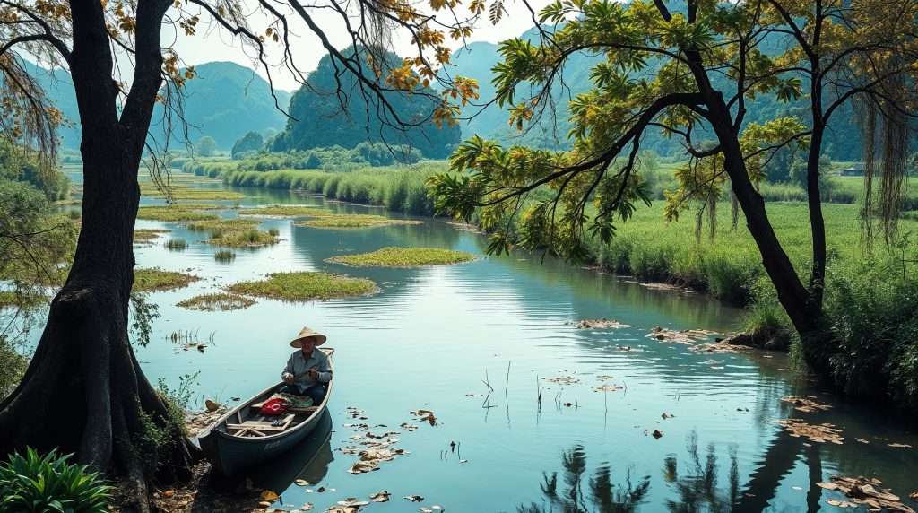 A man in a conical hat sits in a wooden boat on a calm, green river in rural Vietnam, framed by trees and distant hills.