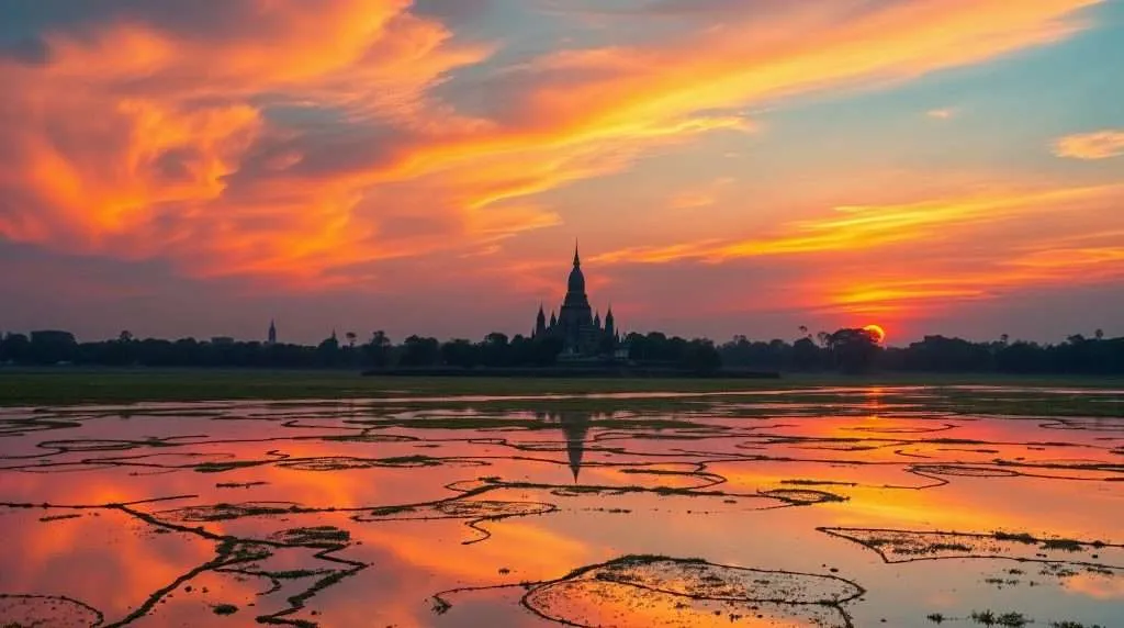A dramatic sunset over Myanmar, with fiery orange clouds and a silhouetted temple reflected in shallow, patterned water.