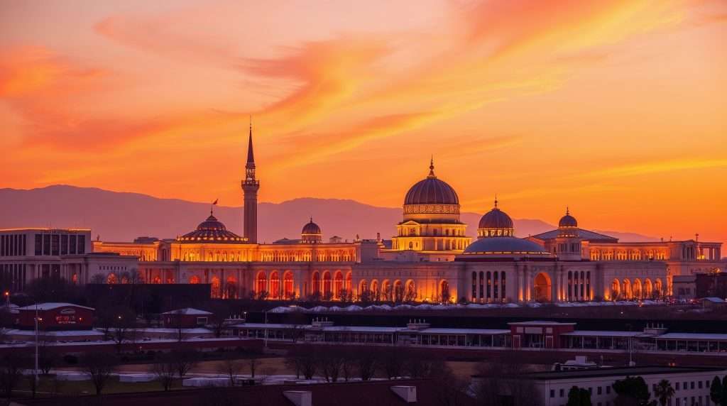 The illuminated skyline of Ashgabat, Turkmenistan at sunset, featuring grand domed buildings and a minaret glowing beneath vivid orange skies.