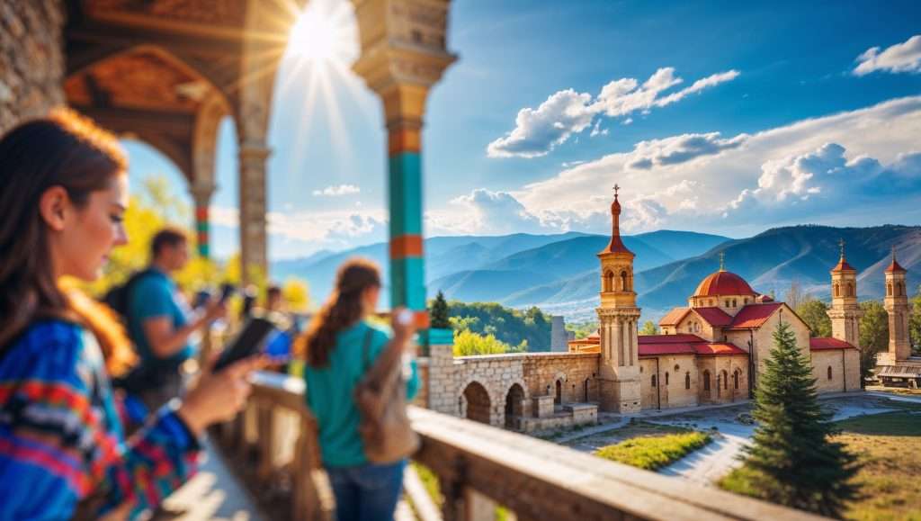 Tourists admire a sunlit Armenian monastery with red domes and towers, set against a backdrop of forested hills and blue mountains under a bright sky.