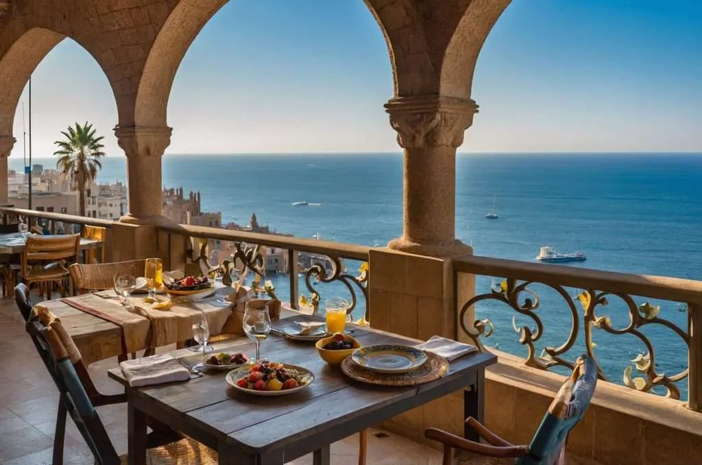Seaside rooftop restaurant with stone arches and elegant wrought-iron railings, offering a view of the Mediterranean Sea and anchored boats.