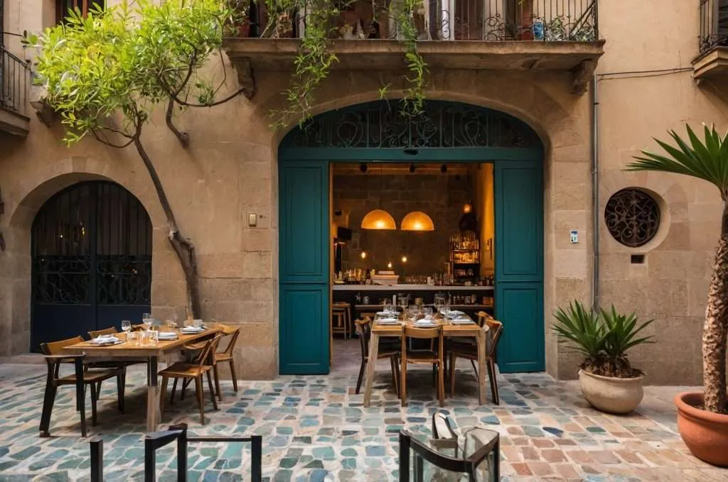 A cozy courtyard restaurant in Barcelona with turquoise doors, set tables, and warm lighting, surrounded by stone walls and potted plants.