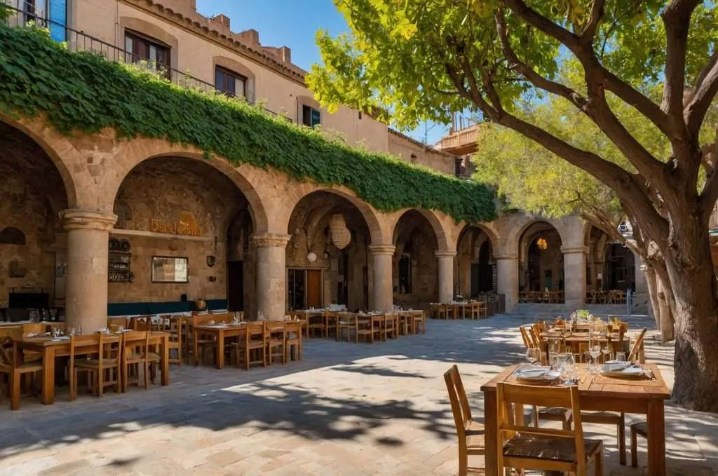Outdoor restaurant in a stone courtyard with arched columns, wooden tables, and leafy trees under bright sunlight.