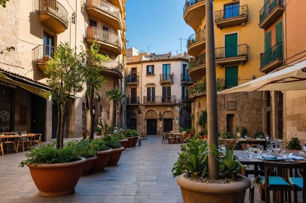Charming European plaza with potted plants, outdoor café seating, and historic buildings under a clear blue sky.