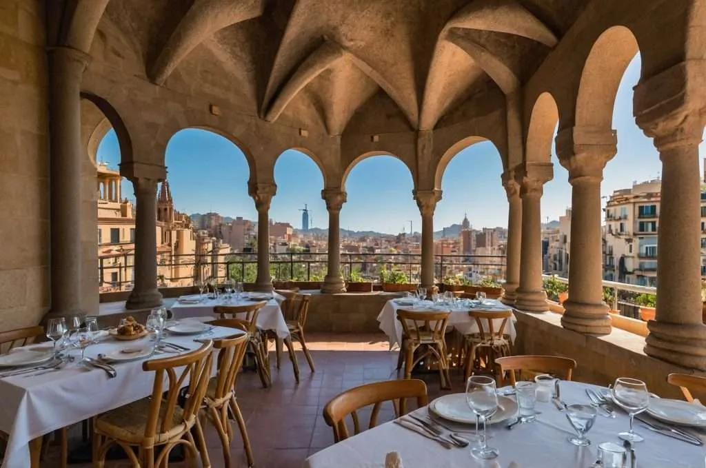 Elegant rooftop restaurant with arched stone columns, offering a panoramic view of Barcelona’s skyline under a clear blue sky.