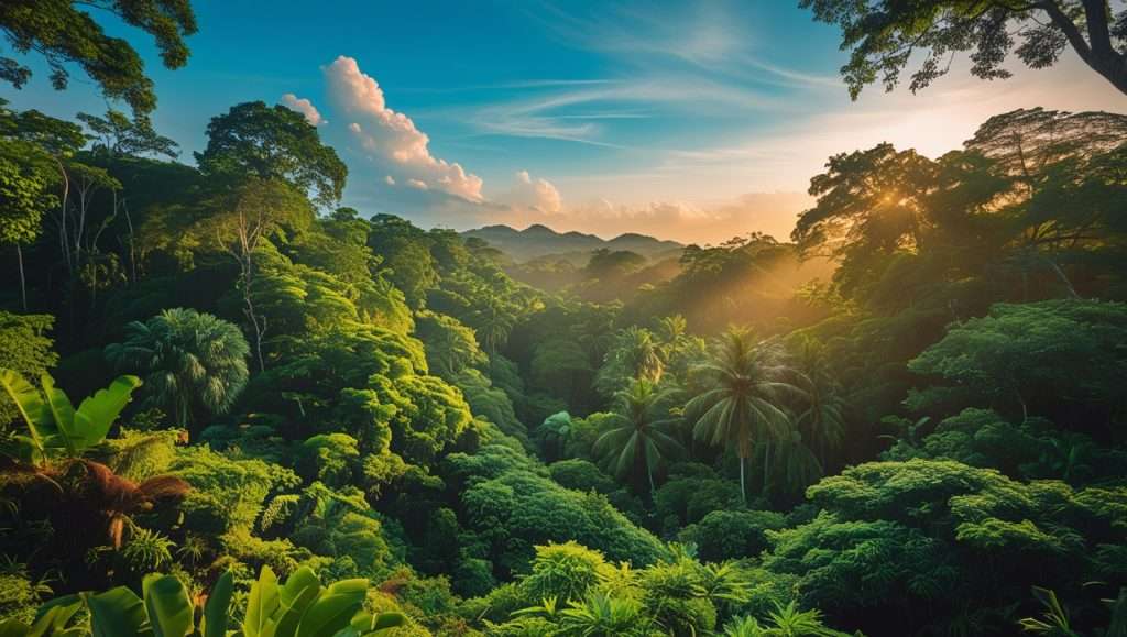 A lush tropical rainforest in Brunei, with dense green foliage, tall palm trees, and sunlight streaming through the canopy over distant rolling hills.