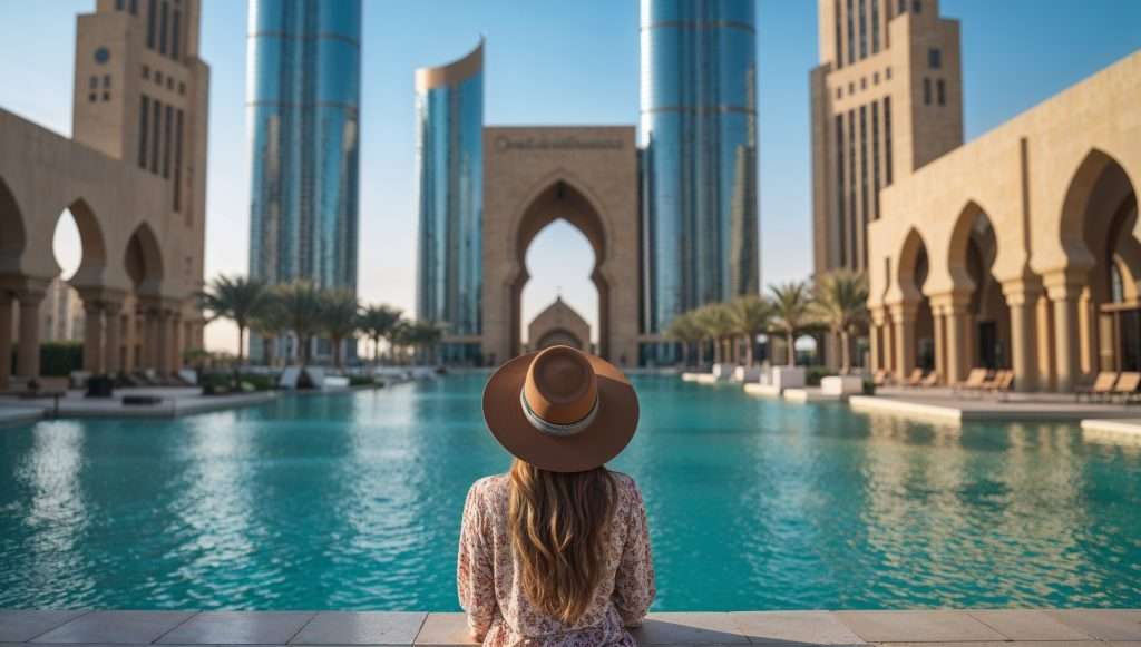 A woman in a wide-brimmed hat sits by a luxurious turquoise pool surrounded by palm trees and grand arched architecture, with modern skyscrapers rising in the background in Dubai.