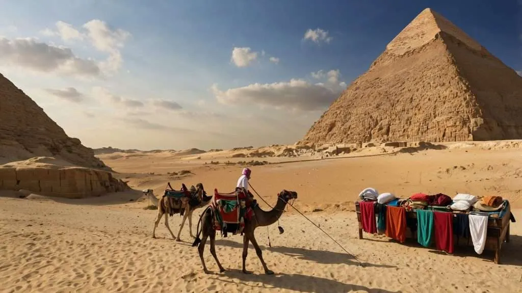 A person leads camels through the sandy desert near the ancient pyramids of Egypt, with colorful textiles displayed on a wooden stand under a partly cloudy sky.