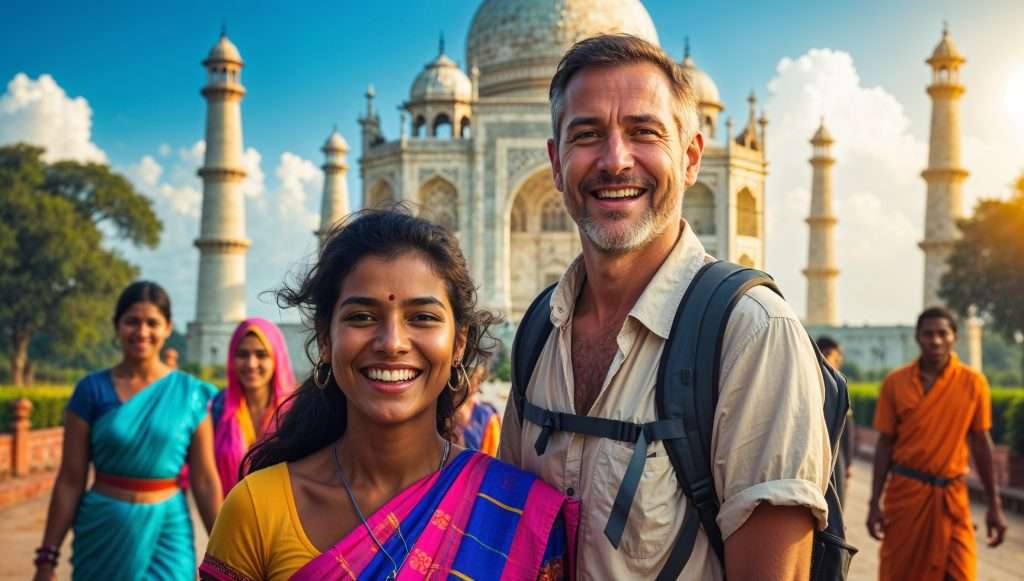 A smiling couple poses for a photo in front of the Taj Mahal, surrounded by locals in colorful traditional clothing under a bright blue sky.