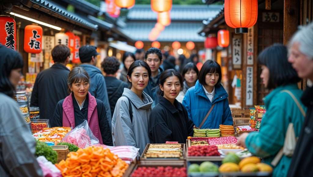 Tourists browse colorful food stalls at a bustling Japanese street market, surrounded by hanging red lanterns and traditional wooden buildings.