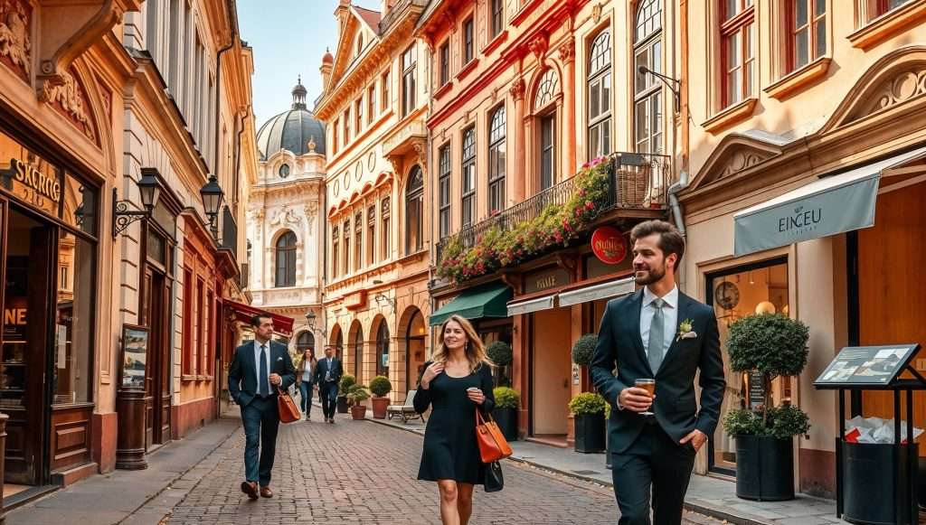 Well-dressed tourists stroll through a charming cobblestone street in Belarus’ old town, surrounded by ornate historic buildings, boutique cafés, and elegant shopfronts under warm sunlight.