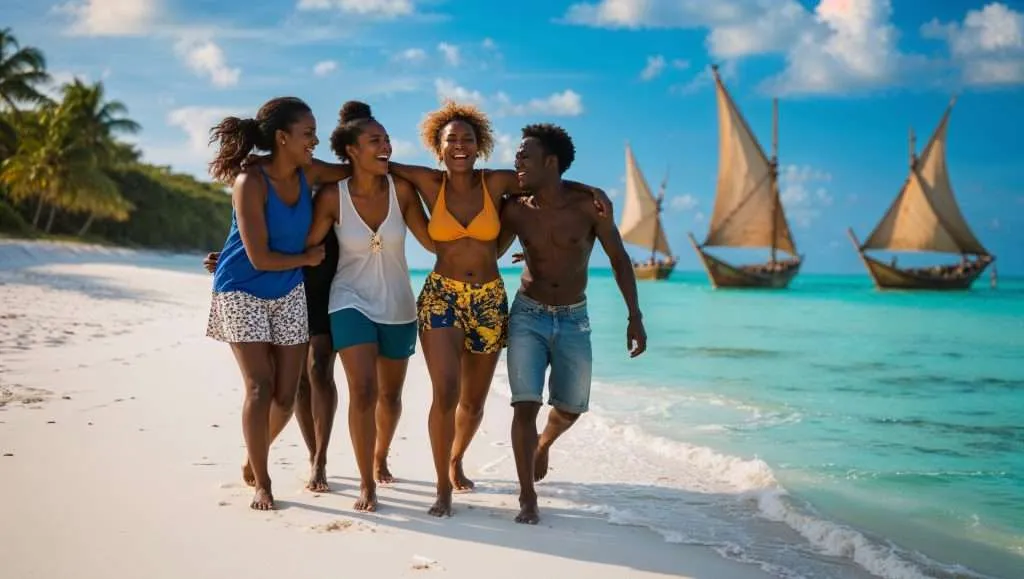 A joyful group of friends walks barefoot along a pristine beach in Mozambique, laughing and enjoying the turquoise water and distant traditional dhows sailing under a bright blue sky.