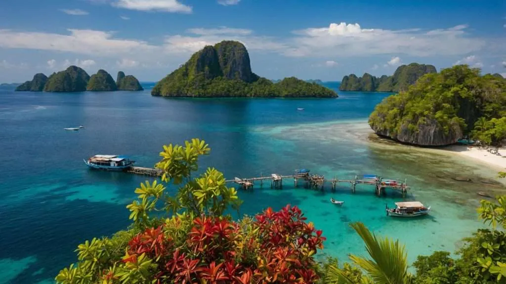 Tropical seascape featuring lush green islands, turquoise waters, coral reefs, and small wooden piers with boats off the coast of the Philippines.