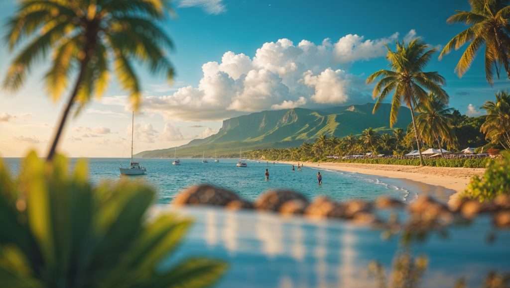 A tropical beach in Saint Kitts and Nevis with palm trees, sailboats on turquoise water, and people enjoying the shoreline, set against lush green mountains under a vibrant sky.