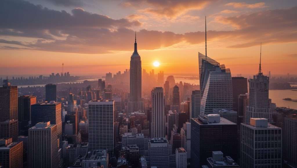 A panoramic view of New York City at sunrise, with the Empire State Building in the center and golden light illuminating the skyline and Hudson River in the background.