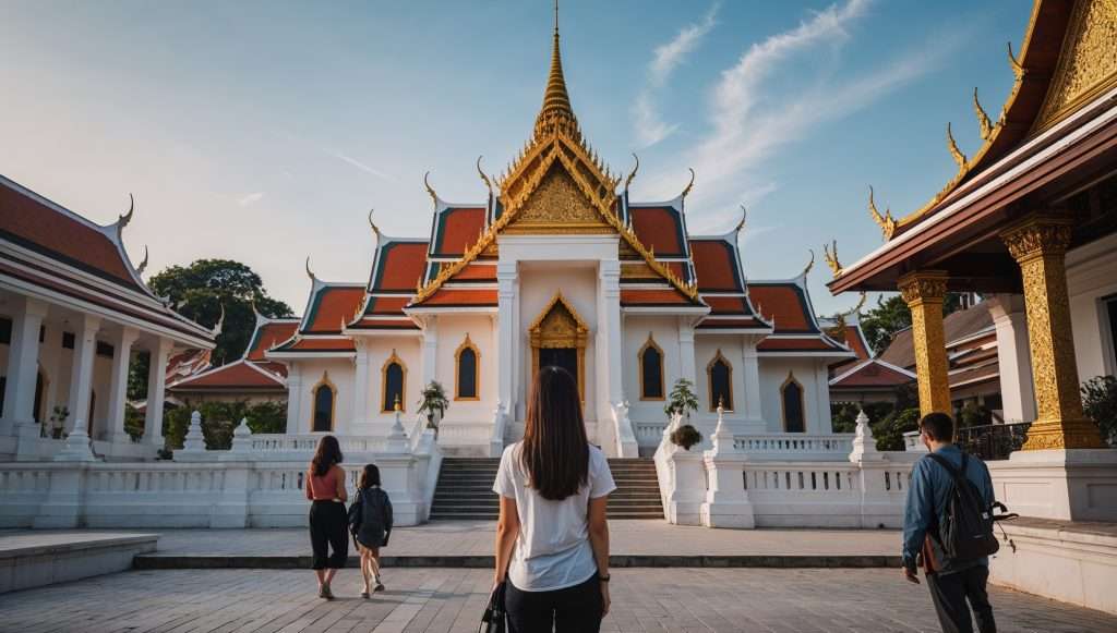 Tourists explore a grand Thai temple with ornate golden rooftops, white walls, and intricate architecture, set against a clear blue sky.