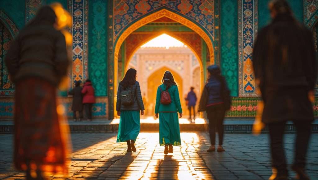 Visitors walk through a grand arched entrance adorned with intricate turquoise tilework at a historic site in Uzbekistan, illuminated by warm, golden sunset light.