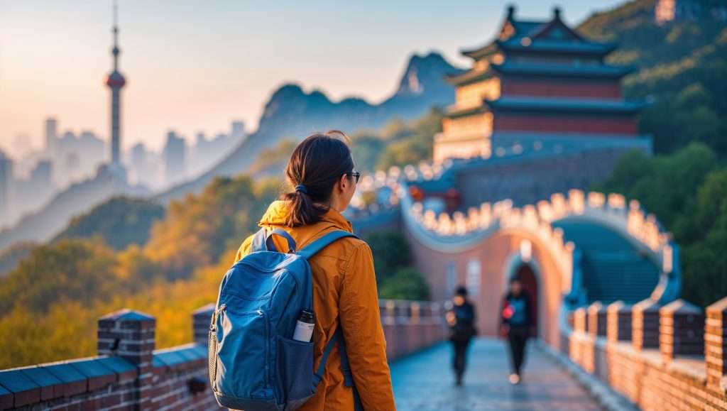 A tourist with a blue backpack walks along a scenic section of the Great Wall of China, with traditional architecture and the modern skyline in the misty distance at sunrise.