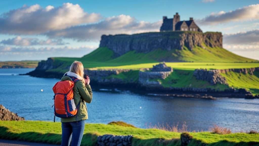 A traveler with an orange backpack photographs a scenic Irish coastal landscape, featuring a historic stone building atop a grassy cliff surrounded by water.