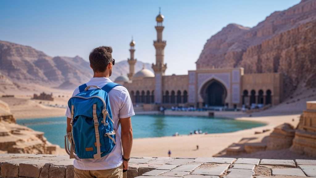 A tourist with a blue backpack admires a grand mosque by a tranquil pool, set against desert mountains in Qatar under a clear blue sky.