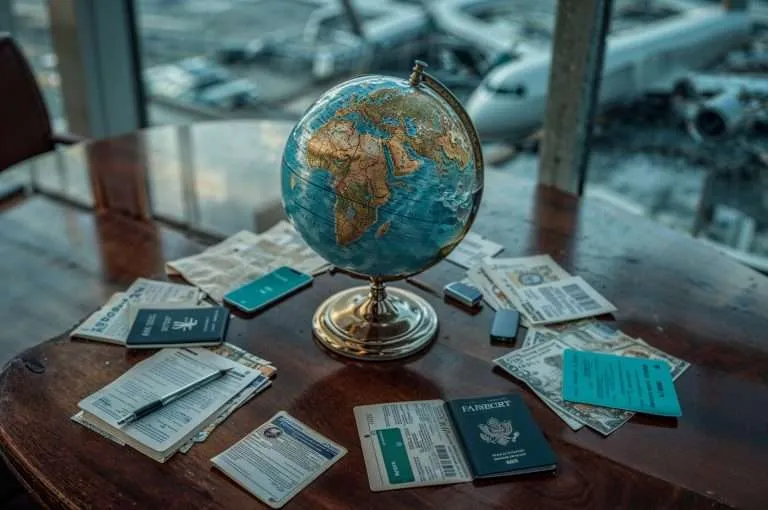 A tabletop travel scene at an airport featuring a globe centered on Africa and the Middle East, surrounded by passports, boarding passes, currency notes, smartphones, and travel documents, with airplanes and a runway visible through large terminal windows in the background.