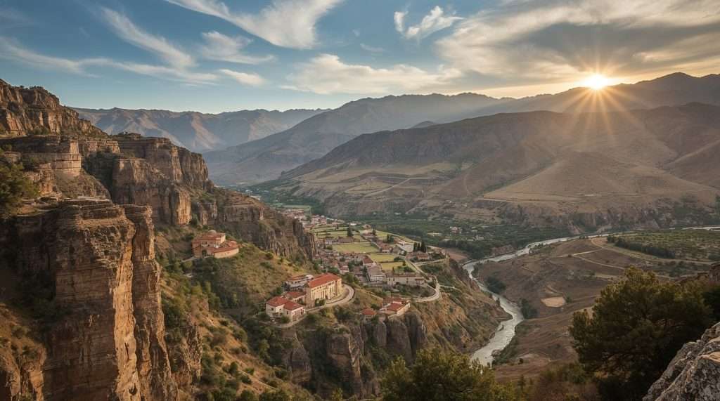 Scenic view of an Armenian landscape showcasing a tranquil valley at sunset. Rugged cliffs frame a small village nestled between lush fields and a winding river.