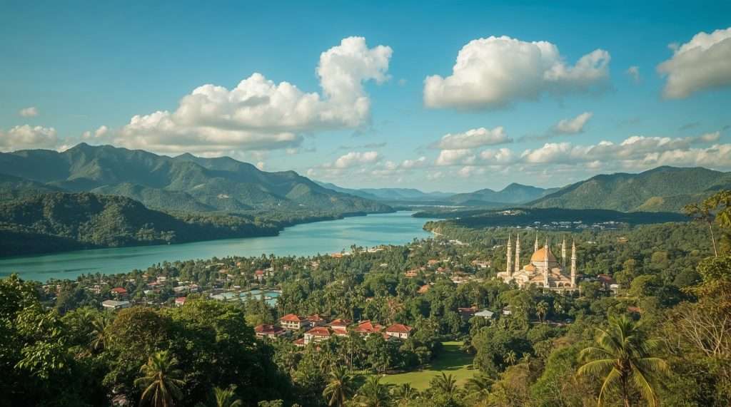 A scenic view of Brunei showcasing lush greenery, a river winding through the landscape, and a prominent mosque with a golden dome, set against distant mountains under a blue sky.