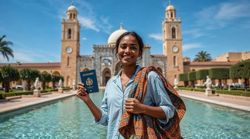A smiling person holds a passport beside a reflecting pool, with a historic building and towers in the background, symbolizing visa-free travel from Ghana to Morocco.