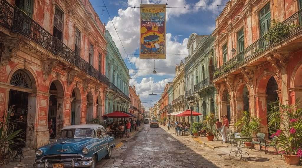 A vibrant street in Havana, Cuba, lined with colorful, weathered colonial buildings. A classic car is parked on the cobblestone road, while people sit at outdoor cafés.