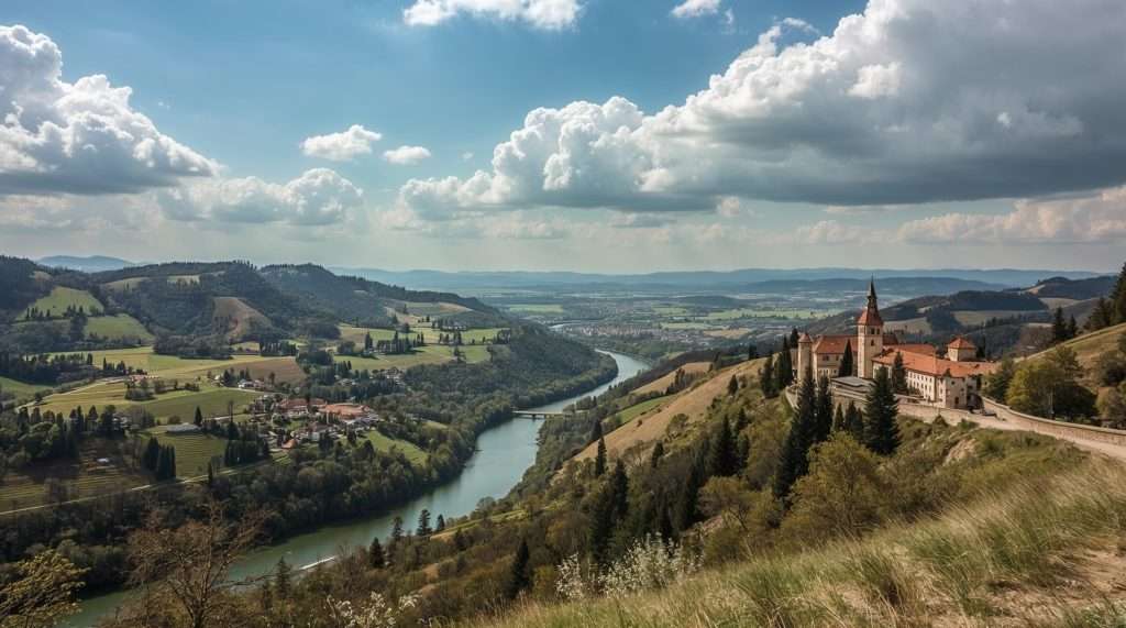 Scenic view of a Serbian landscape featuring rolling hills, a winding river, and a historic hilltop building with red roofs under a partly cloudy sky.